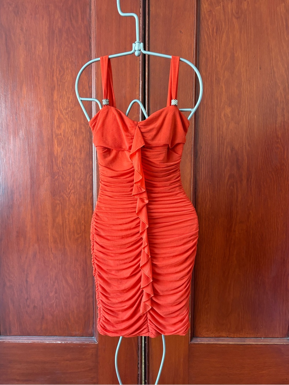 LE CHATEAU Vintage Y2K Orange Ruched Ruffle Cocktail Dress
